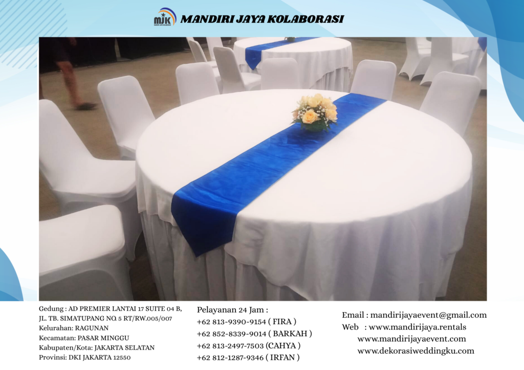 Sewa Round Table Runner Biru Topping Dan Cover Putih Jakarta