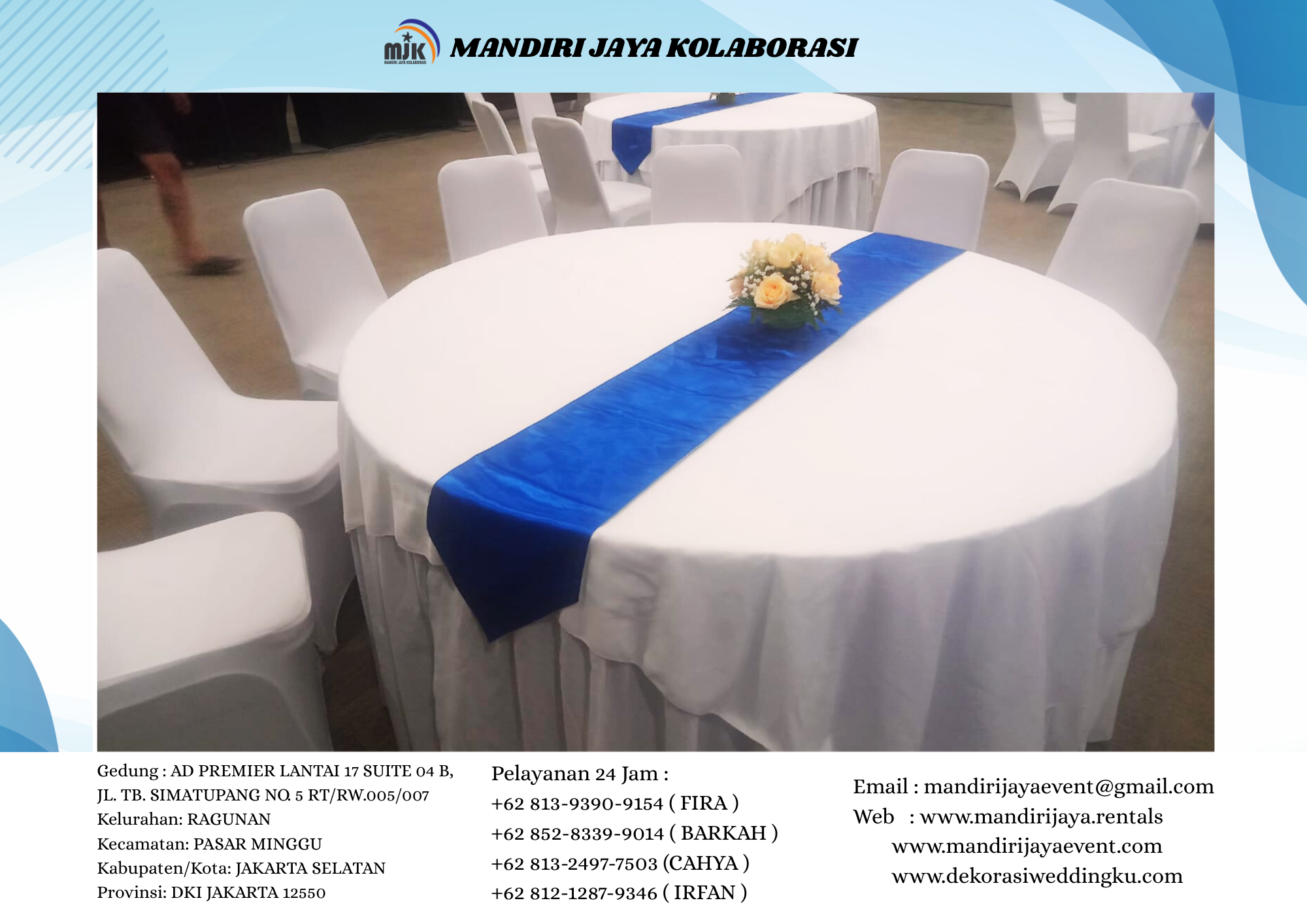 Sewa Round Table Runner Biru Topping Dan Cover Putih Jakarta Sewa Round Table Runner Biru Topping Dan Cover Putih Jakarta