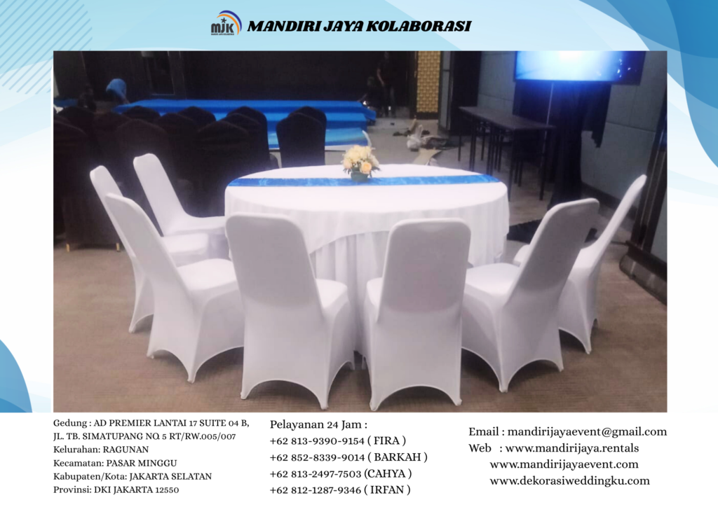 Sewa Round Table Runner Biru Topping Dan Cover Putih Jakarta