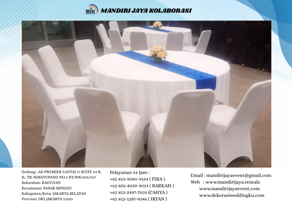 Sewa Round Table Runner Biru Topping Dan Cover Putih Jakarta