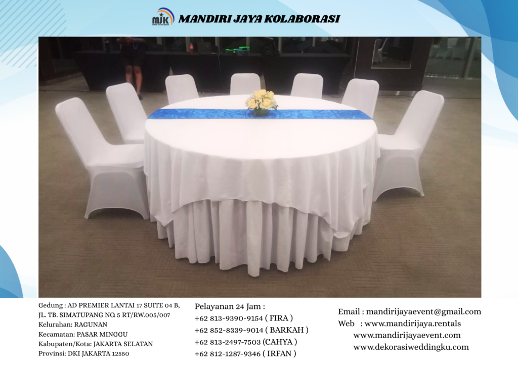 Sewa Round Table Runner Biru Topping Dan Cover Putih Jakarta