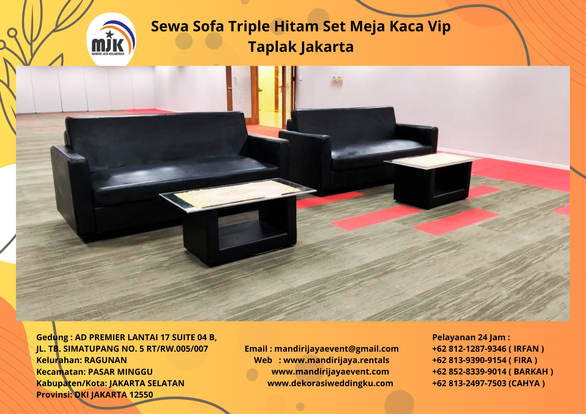 Sewa Sofa Triple Hitam Set Meja Kaca Vip Taplak Jakarta