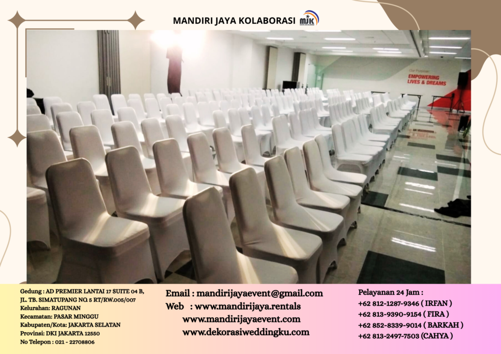 Jasa Sewa Kursi Susun Stainless Cover Putih Area PIK