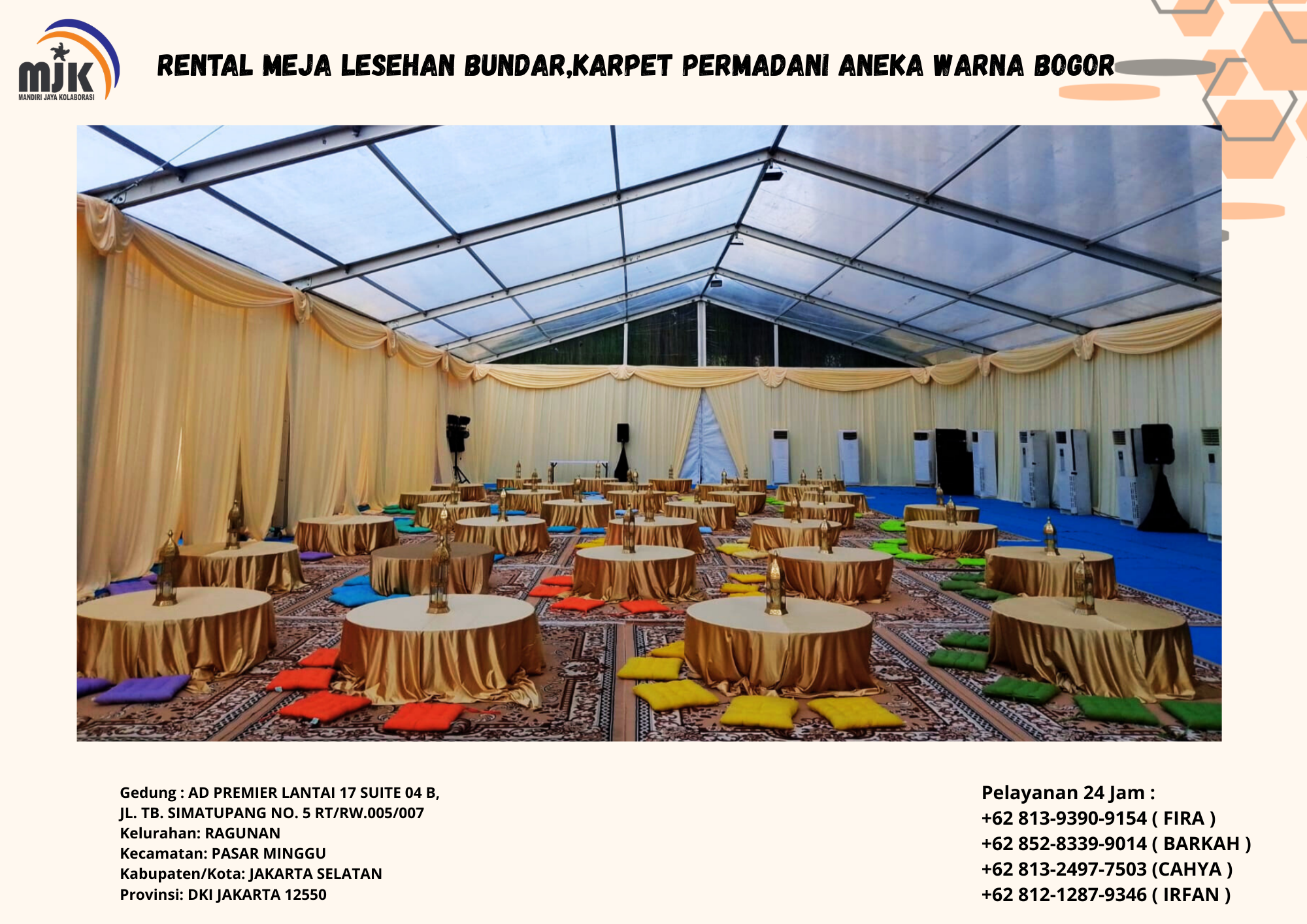 Rental Meja Lesehan Bundar,Karpet Permadani Aneka Warna Bogor