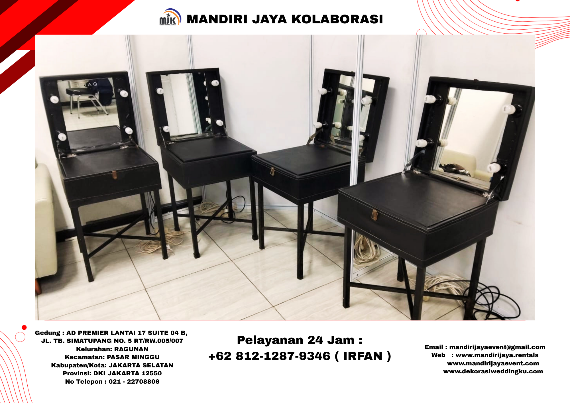 Sewa Meja Kaca Rias Portable Hitam Vip Jakarta