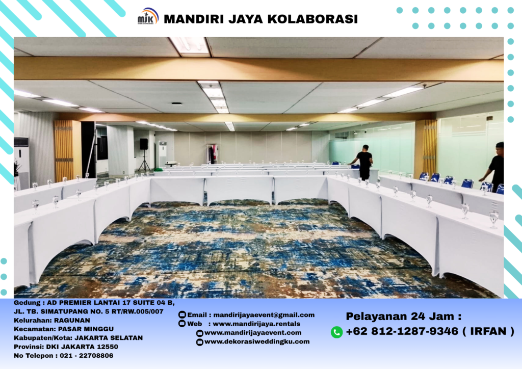 Sewa Meja IBM UK 180x45cm Cover Street Putih Elegan Jakarta