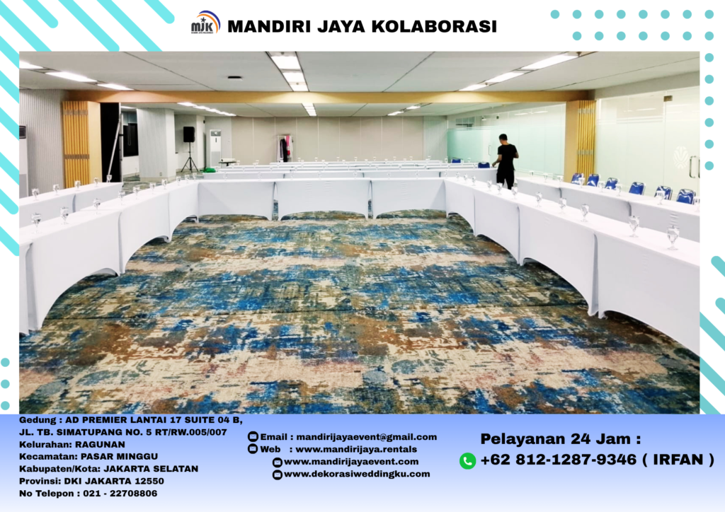 Sewa Meja IBM UK 180x45cm Cover Street Putih Elegan Jakarta