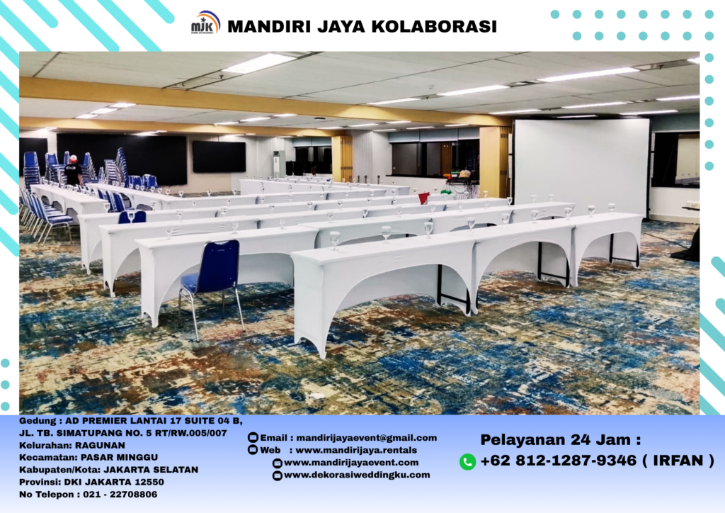 Sewa Meja IBM UK 180x45cm Cover Street Putih Elegan Jakarta