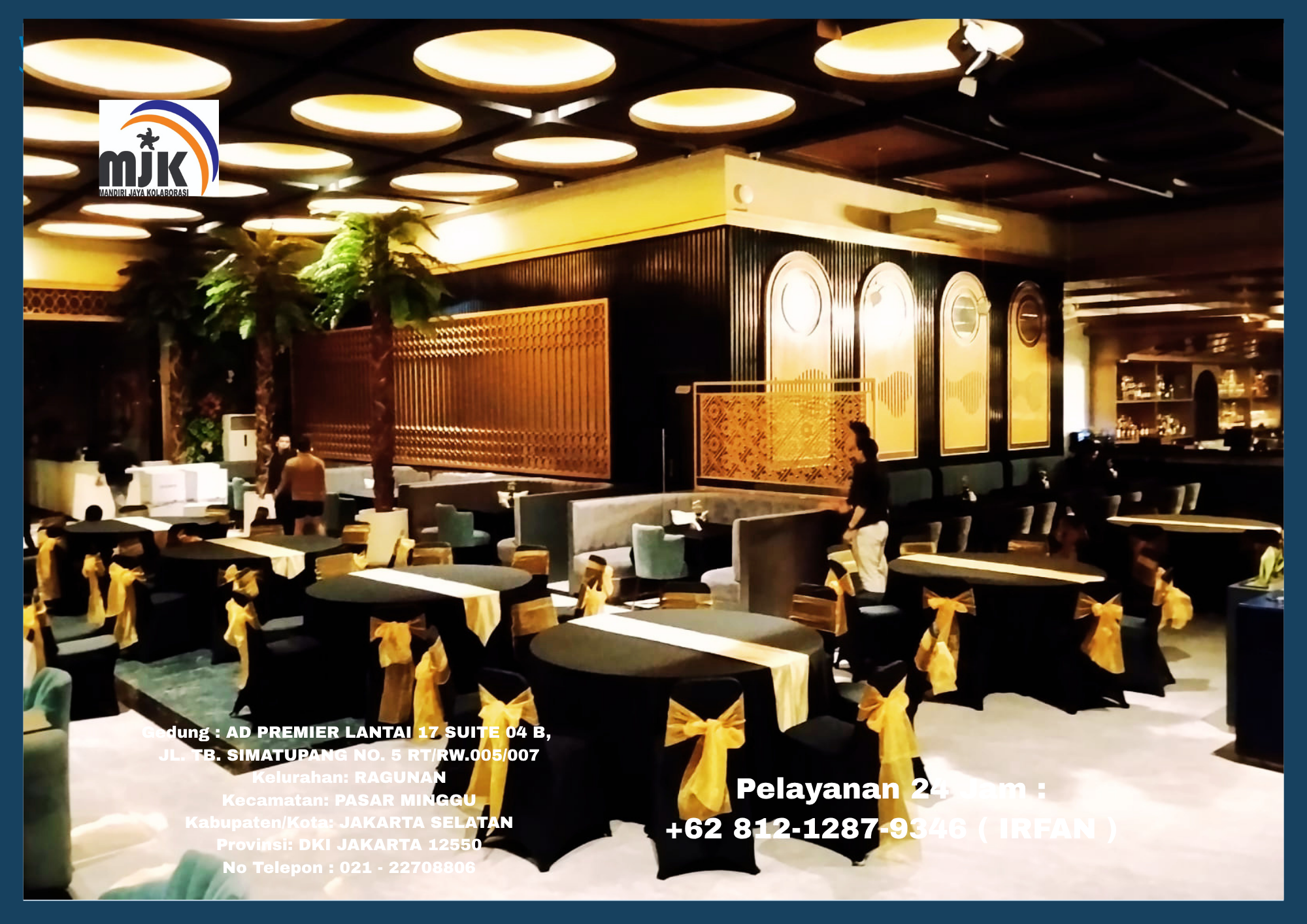 Sewa Meja Bundar,Kursi Event Cover Hitam Pita Gold Jakarta