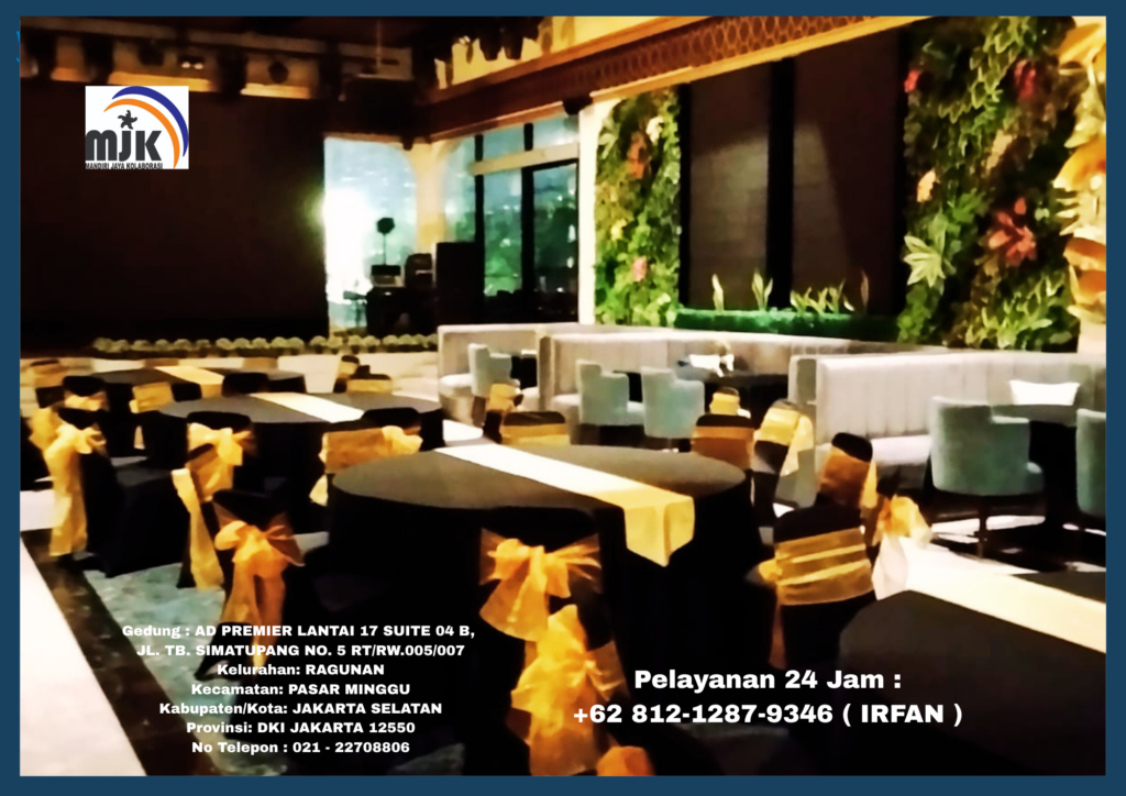 Sewa Meja Bundar,Kursi Event Cover Hitam Pita Gold Jakarta