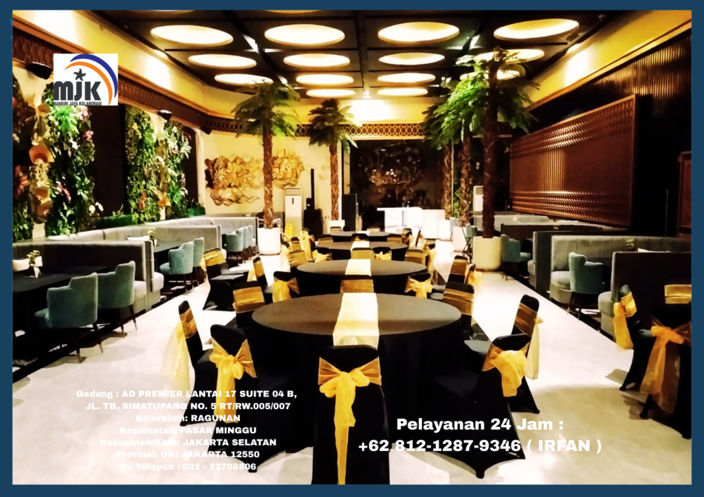 Sewa Meja Bundar,Kursi Event Cover Hitam Pita Gold Jakarta