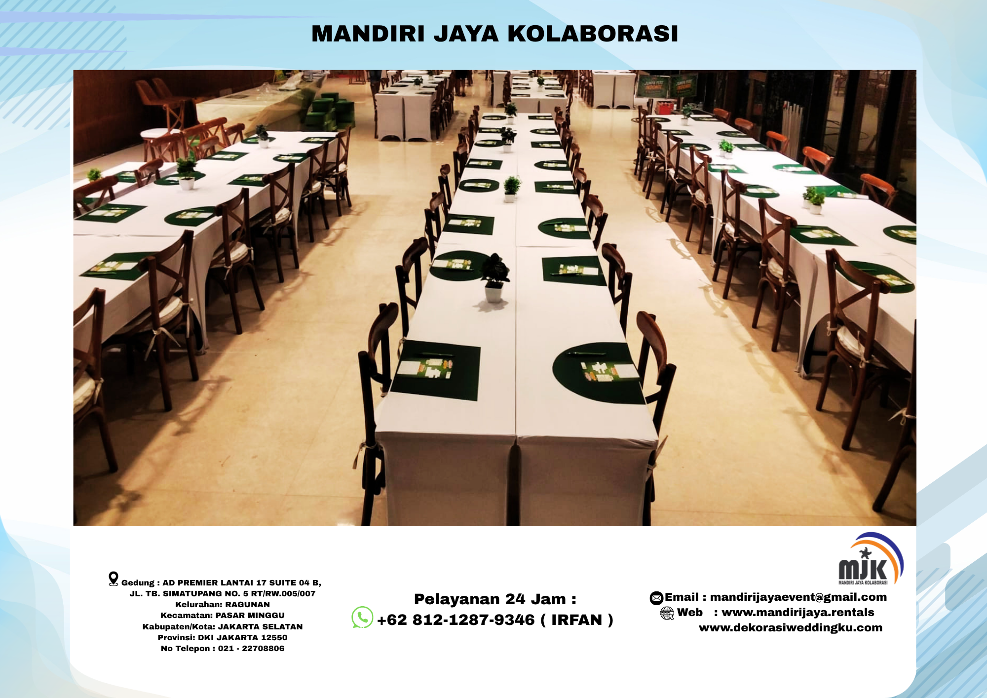 Sewa Meja IBM Cover Putih Set kursi Crossback Area Bsd Sewa Meja IBM Cover Putih Set kursi Crossback Area Bsd