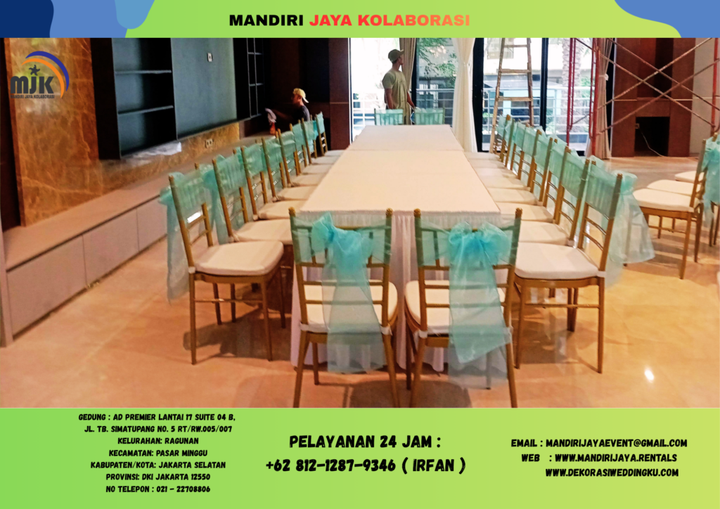 Sewa Meja IBM D180x90 Taplak Putih Kursi Tiffany Gold Jakarta