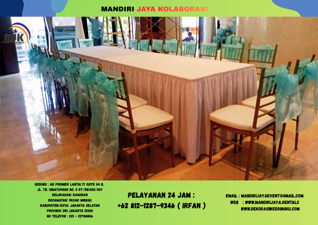 Sewa Meja IBM D180x90 Taplak Putih Kursi Tiffany Gold Jakarta