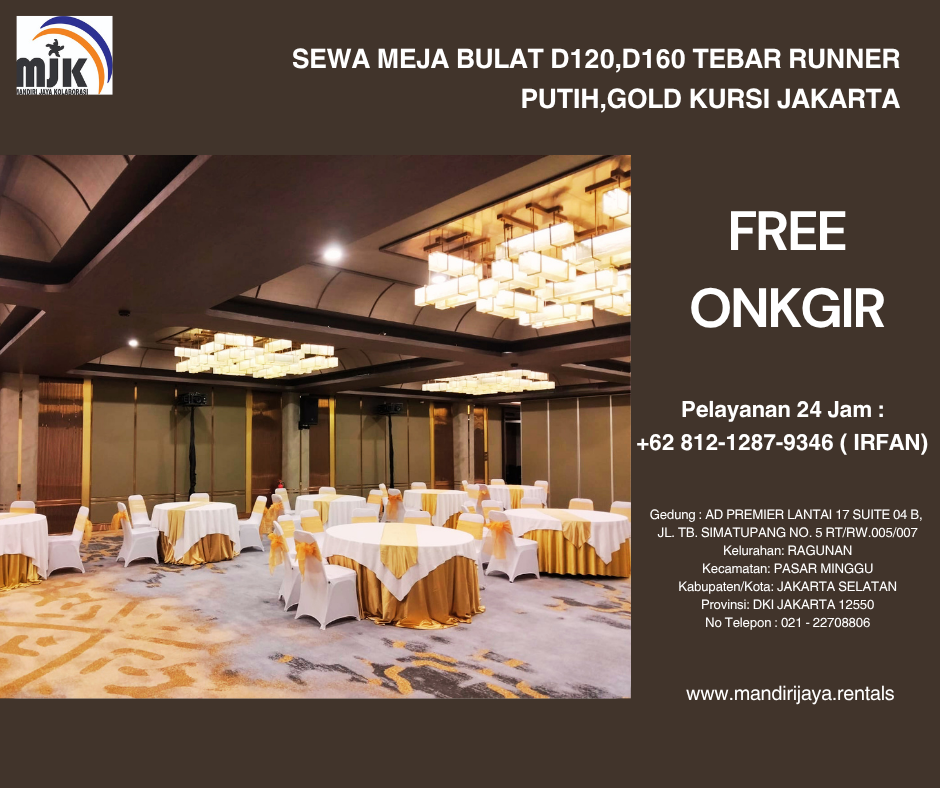 Sewa Meja Bulat D120,D160 Tebar Runner Putih,Gold Kursi Jakarta