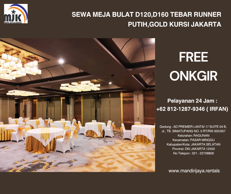 Sewa Meja Bulat D120,D160 Tebar Runner Putih,Gold Kursi Jakarta