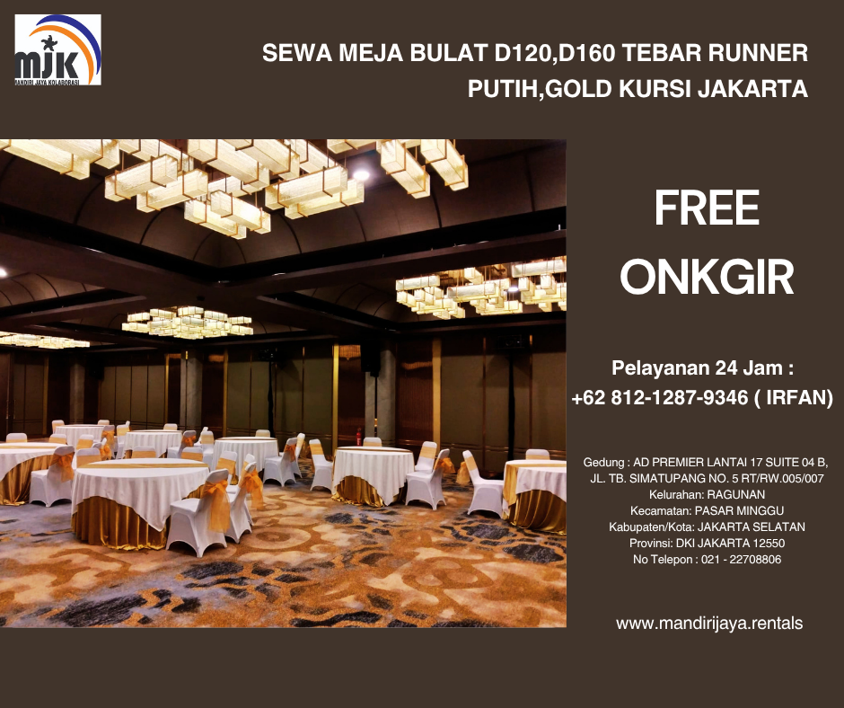 Sewa Meja Bulat D120,D160 Tebar Runner Putih,Gold Kursi Jakarta