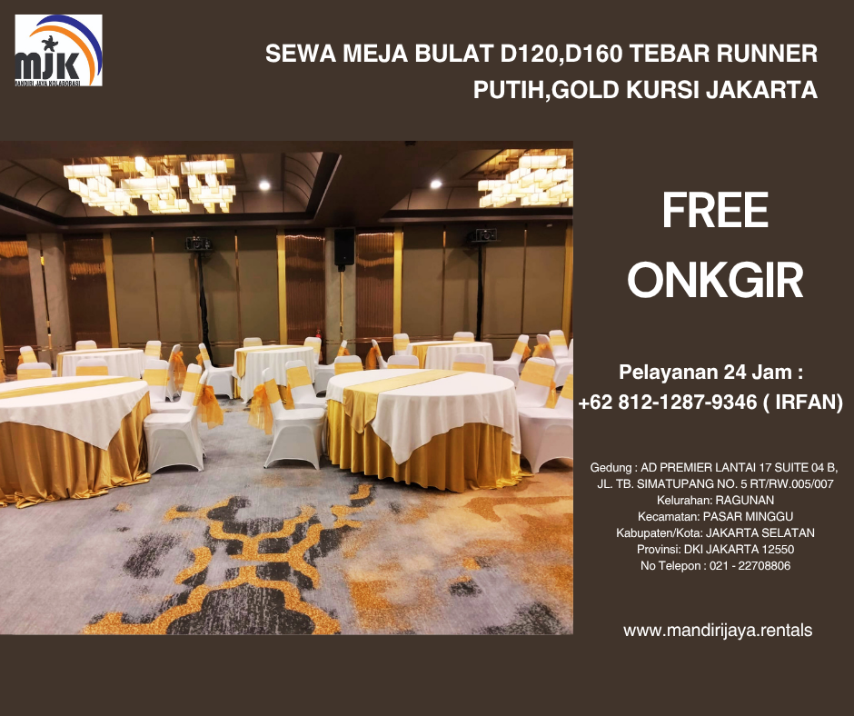 Sewa Meja Bulat D120,D160 Tebar Runner Putih,Gold Kursi Jakarta