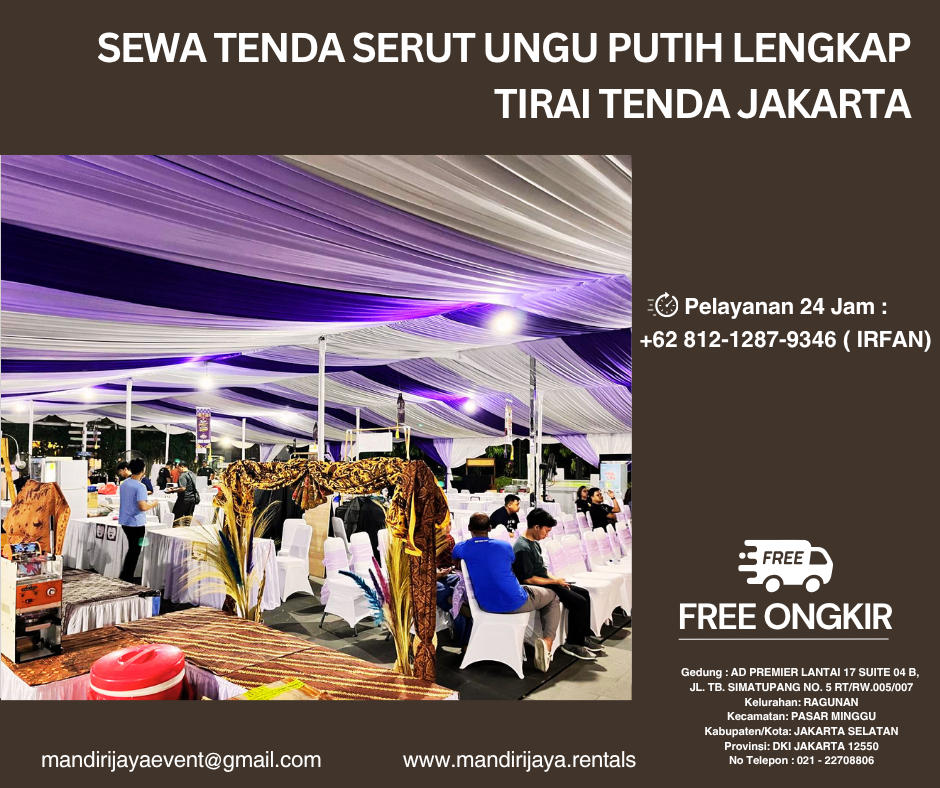 Sewa Tenda Serut Ungu Putih Lengkap Tirai Tenda Jakarta