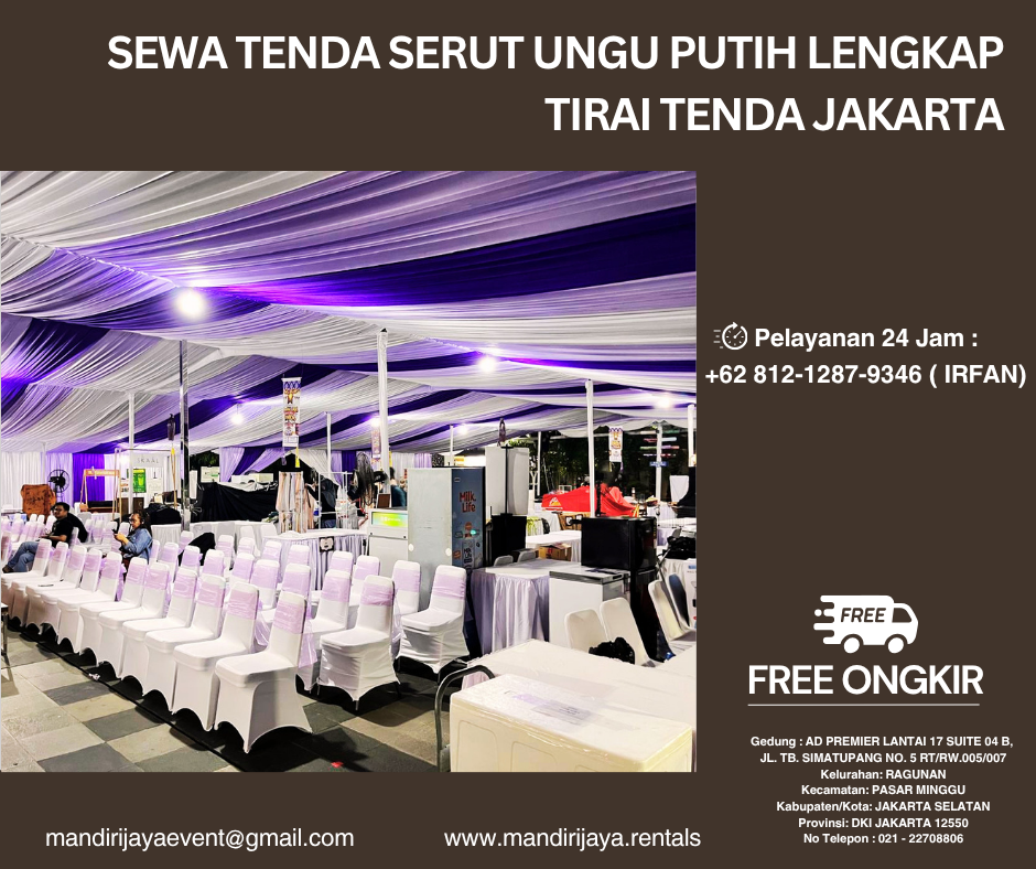 Sewa Tenda Serut Ungu Putih Lengkap Tirai Tenda Jakarta