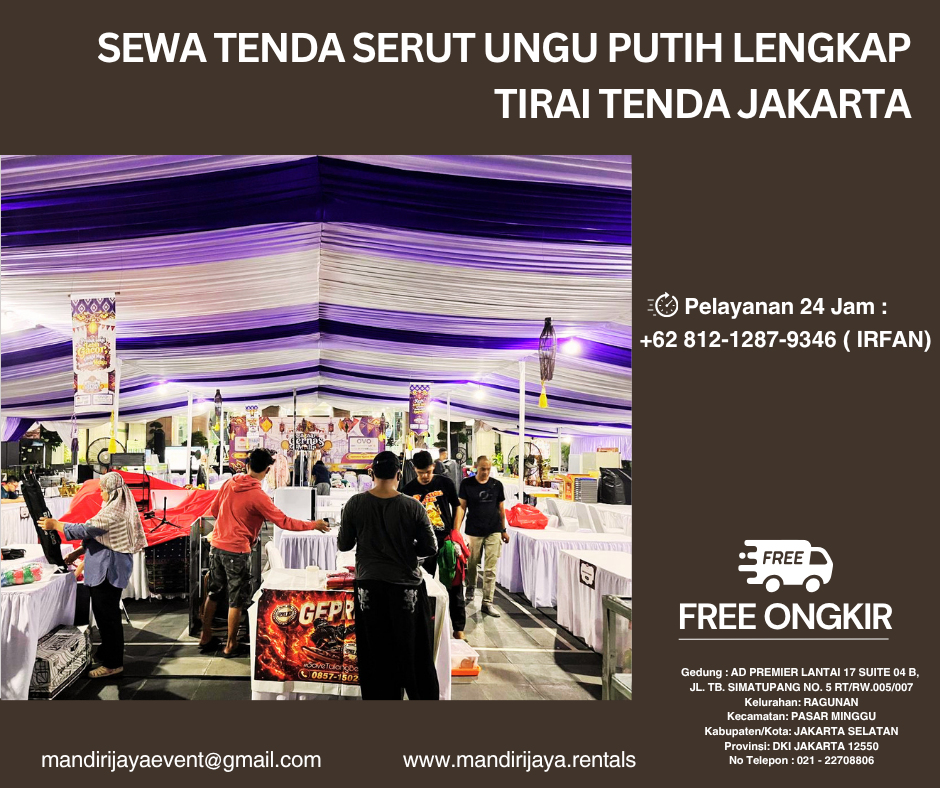Sewa Tenda Serut Ungu Putih Lengkap Tirai Tenda Jakarta