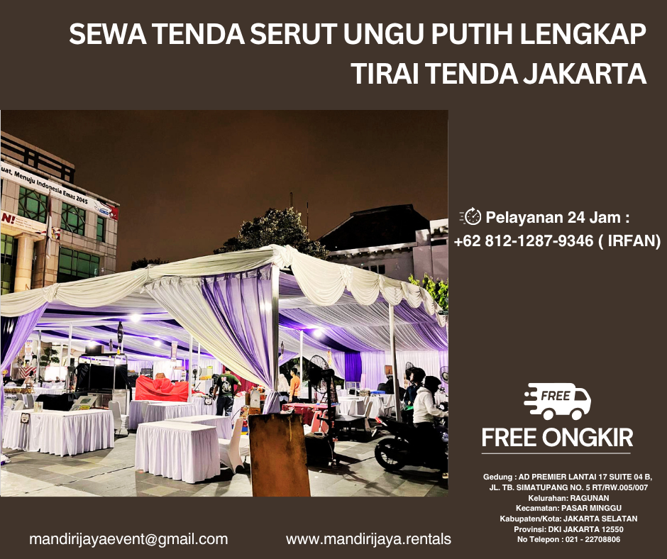 Sewa Tenda Serut Ungu Putih Lengkap Tirai Tenda Jakarta