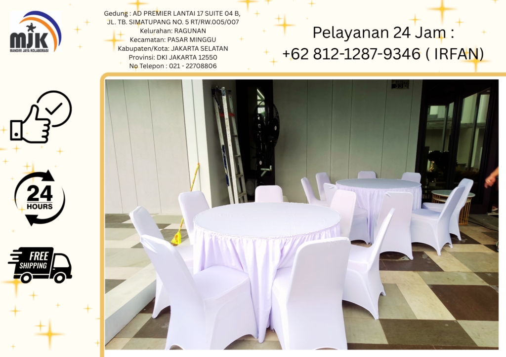 Rental Round Table Cover Putih,Kursi Susun Bogor