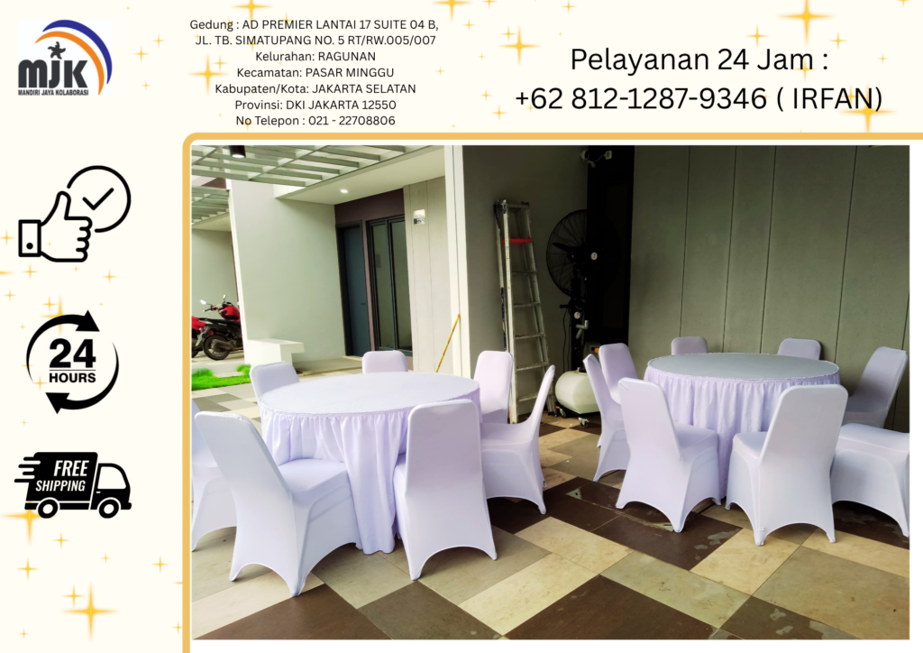 Rental Round Table Cover Putih,Kursi Susun Bogor