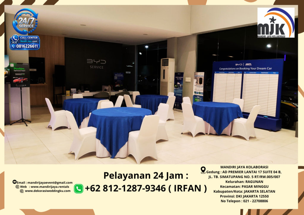 Sewa Round Table Taplak putih Topping Biru Jakarta