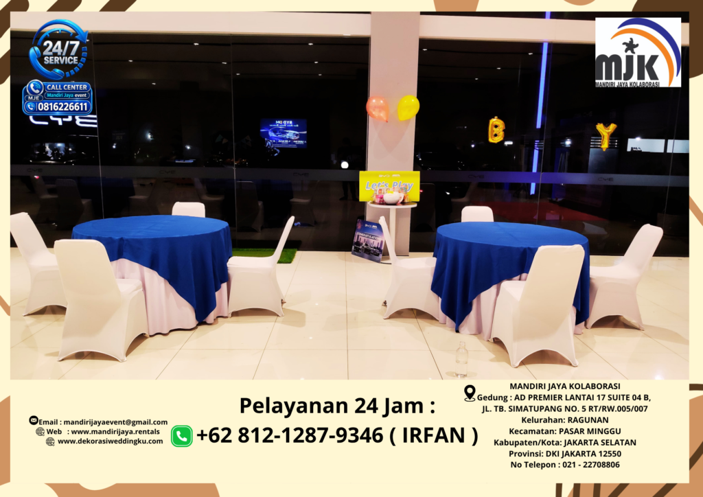 Sewa Round Table Taplak putih Topping Biru Jakarta