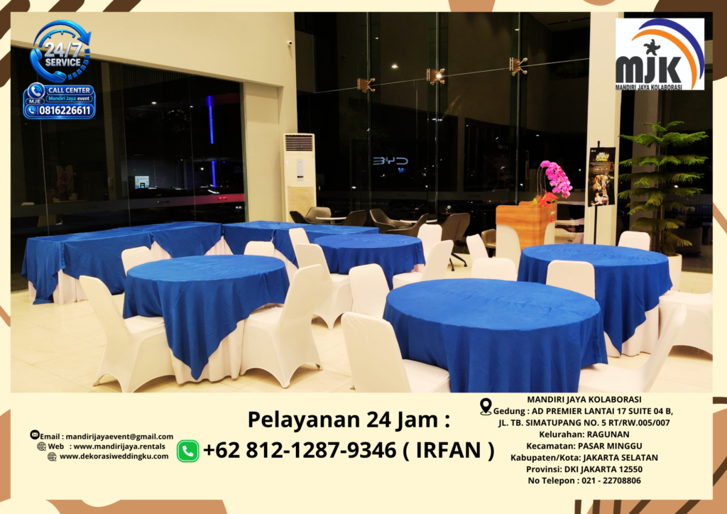 Sewa Round Table Taplak putih Topping Biru Jakarta