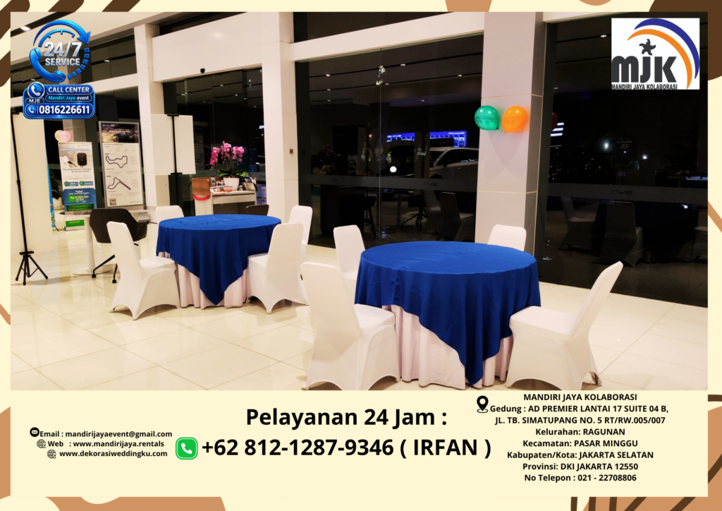 Sewa Round Table Taplak putih Topping Biru Jakarta